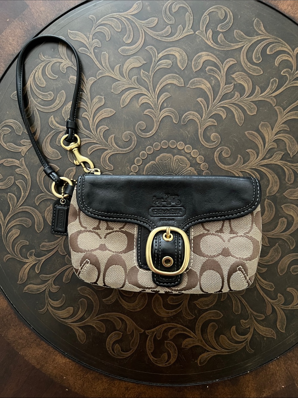 Coach Brown Signature Canvas and Black Leather Wristlet with Gold Tone Buckle